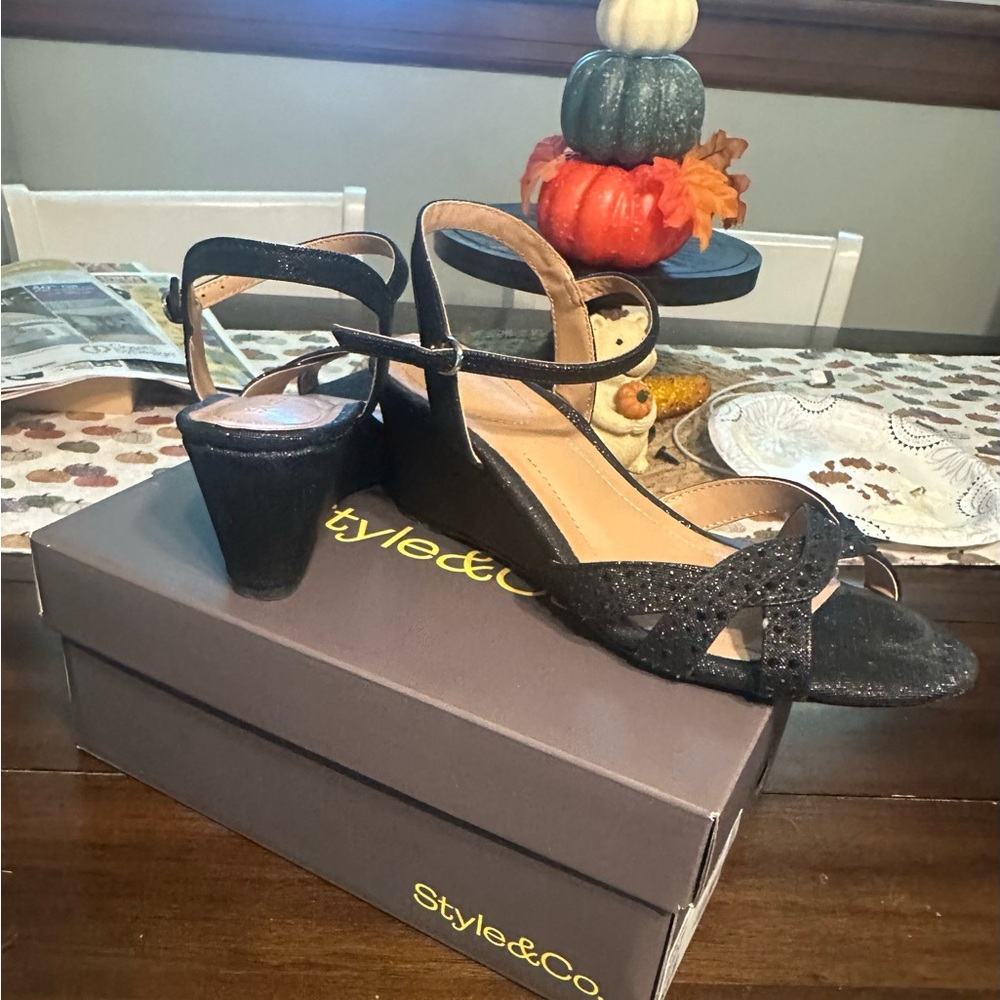 Style & Co. Glittery Black Wedge Sandals